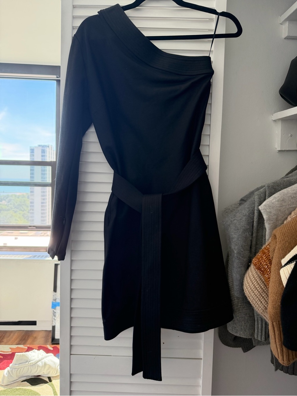 Rodebjer One-Shoulder Black Dress with Waist Tie Size Medium